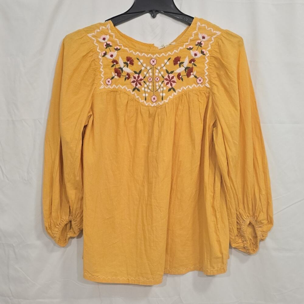 Max Studio Womens XL Yellow Embroidered Floral Cotton Balloon Sleeve Blouse